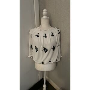 I-N-C International Concepts White/Black Floral Off Shoulder Top M Feminine